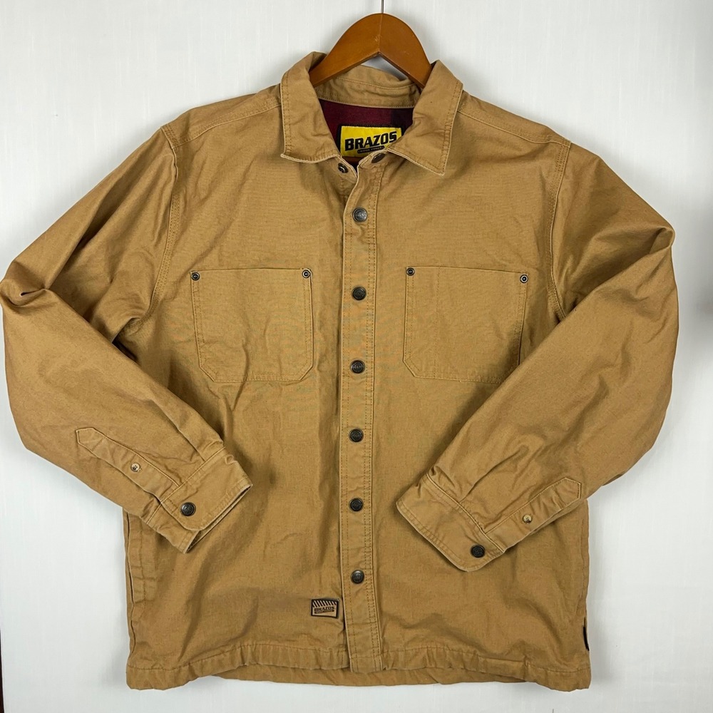 Brazos Work Force Mens Tan Canvas Flannel Lined Shacket Jacket Medium M